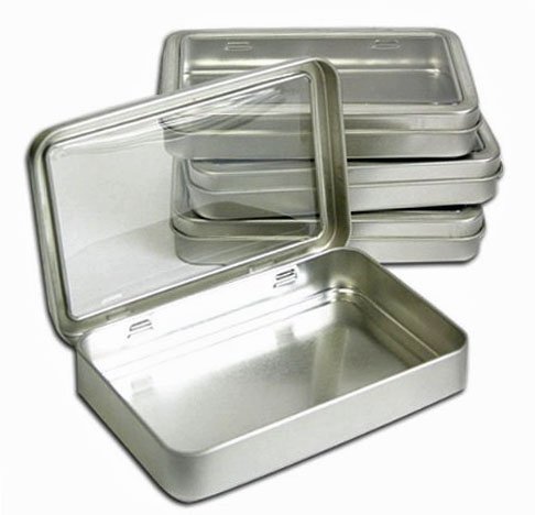Product Cover Clear Top Metal Tin Box 7oz Plain Silver Hinged Blank Storage Case, Crafts, Survival Kit Tins 5.5