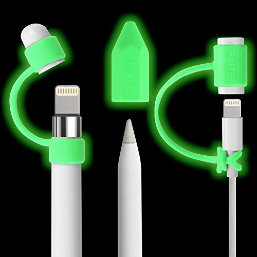 Product Cover [3-Piece] Fintie Bundle for Apple Pencil Cap Holder / Nib Cover / Charging Cable Adapter Tether for Apple Pencil 1st Generation, iPad 6th Gen Pencil, Green - Glow in the Dark