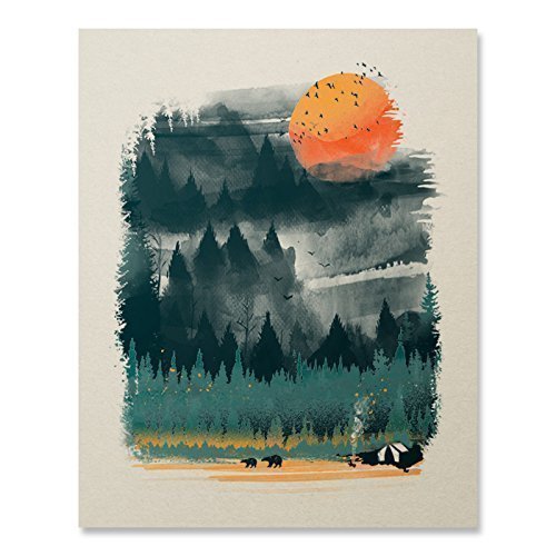 Product Cover Wilderness Nature Art Print Camping Lover Print Outdoor Inspiration Poster Wildlife Mountain Pine Tree Landscape Wall Art Bear Print Hiking Forest National Park Decor 8 x 10 Unframed Artwork