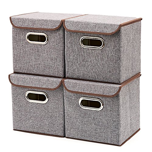 Product Cover EZOWare Storage Bins with Lid [4-Pack] - Linen Fabric Folding Basket Cubes Containers Boxes - Gray