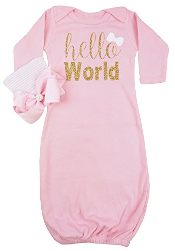 Product Cover Posh Peanut Hello World Infant Baby Gown Layette Soft Sleeper Newborn Girl's Soft Beanie Girl Outfit Pink Gold