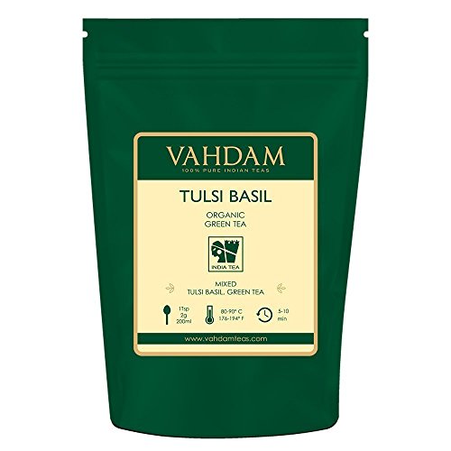 Product Cover VAHDAM, Tulsi Basil Green Tea Loose Leaf (50 Cups) | Holy Basil Tea | Blend Of Pure Green Tea Leaves & Fresh Basil Leaves | Tulsi Tea | POWERFUL ANTI-OXIDANTS | Brew as Hot Tea or Iced Tea | 3.53oz