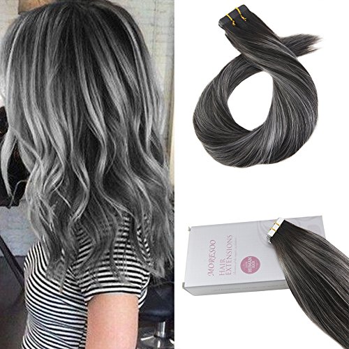 Product Cover Moresoo 18 Inch Tape on Remy Human Hair Extensions Balayage Color Off Black to Gray Silver and Black Seamless Skin Weft Tape in Human Hair Extensions Glue on Hair 20pcs/50g