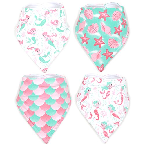 Product Cover Stadela Baby Adjustable Bandana Drool Bibs for Drooling and Teething Nursery Burp Cloths 4 Pack Baby Shower Gift Set for Girls - Mermaids Ocean Sea Beach Summer Tropical Little Shell Coral