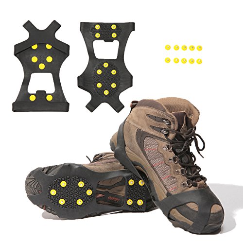 Product Cover Carryown Ice Cleats, Ice Grips Traction Cleats Grippers Non-Slip Over Shoe/Boot Rubber Spikes Crampons Anti Easy Slip 10 Steel Studs Crampons Slip-on Stretch Footwear + 10 Extra Studs (Medium)