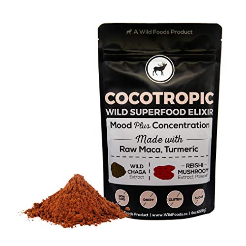 Product Cover Wild Cocotropic Raw Cacao with Reishi Mushroom, Chaga Extract, Raw Maca and Turmeric, Cognitive Enhancing Hot Cocoa Beverage, Nootropic Powder for Smoothies, Shakes, Coffee (8 Ounce)