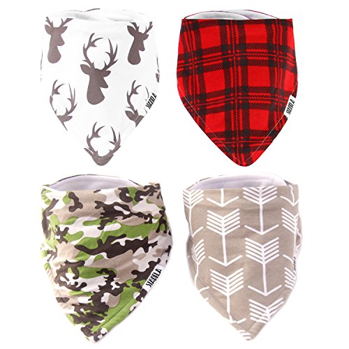 Product Cover Stadela Baby Adjustable Bandana Drool Bibs for Drooling and Teething Nursery Burp Cloths 4 Pack Baby Shower Gift Set for Boys Hunting Adventure with Deer Antler Arrows Plaid Woodland Forest Animal