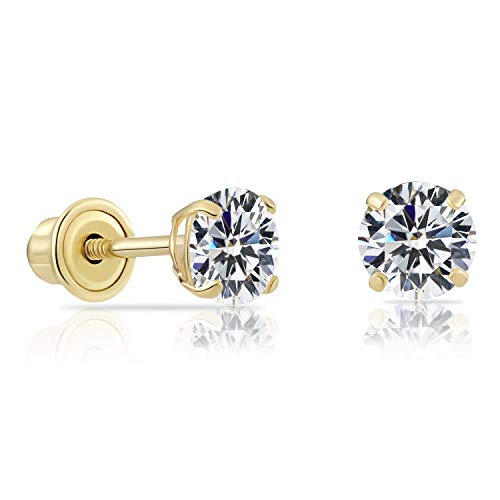 Product Cover 14k Yellow Gold Solitaire Round Cubic Zirconia Stud Earrings in Secure Screw-backs (4mm)