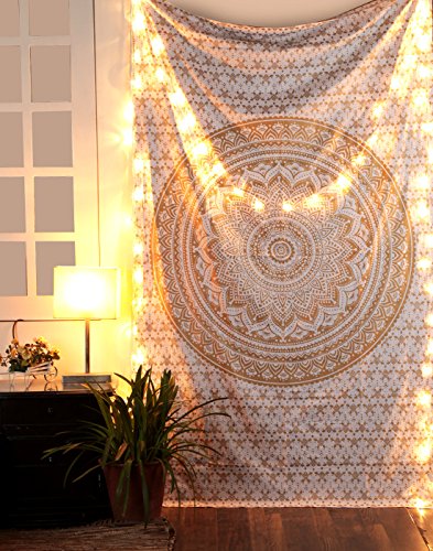 Product Cover RAJRANG Psychedelic White Gold Twin Cotton Printed Bohemian Mandala Hanging Wall Tapestry Hippie Room Throw College Dorm Decor, 213 x 137 cms