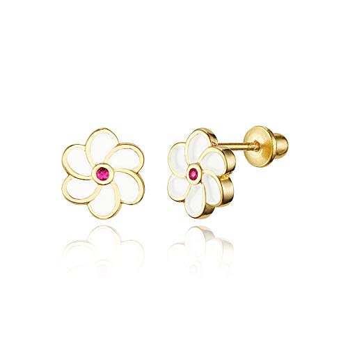 Product Cover 14k Gold Plated Enamel Flower Cubic Zirconia Baby Girls Screwback Earrings with Sterling Silver Post