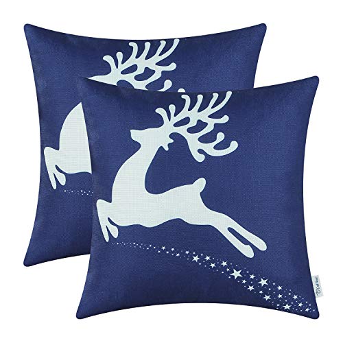 Product Cover CaliTime Pack of 2 Soft Canvas Throw Pillow Covers Cases for Couch Sofa Home Decoration Christmas Holiday Reindeer with Stars Print 18 X 18 Inches Navy Blue