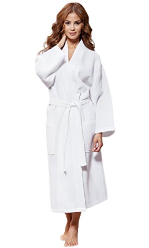 Product Cover Turquaz Linen Lightweight Long Waffle Kimono Unisex Spa Robe (One Size, White)