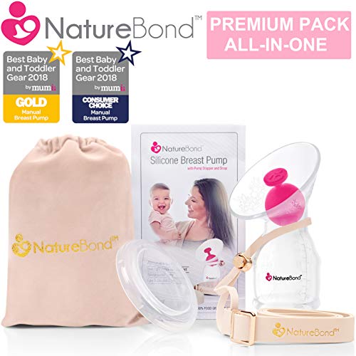 Product Cover NatureBond Silicone Breastfeeding Manual Breast Pump Milk Saver Nursing Pump | All-in-1 Pump Strap, Stopper, Cover Lid, Carry Pouch, Air-Tight Vacuum Sealed in Hardcover Gift Box. BPA Free