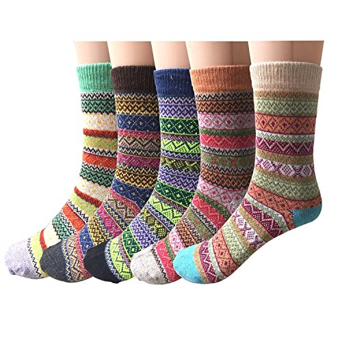 Product Cover Pack of 5 Womens Vintage Style Cotton Knitting Wool Warm Winter Fall Crew Socks, Mixed Color 1, One Size - fit shoe sizes from 5-10