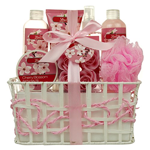 Product Cover Bath and Body - Spa Gift Baskets for Women & Girls, Cherry Fragrance, Spa Kit Birthday Gift Includes Loofah Sponge, Bath Salt, Body Lotion, Soap Roses, Body Mist, Shower Gel And Bubble Bath