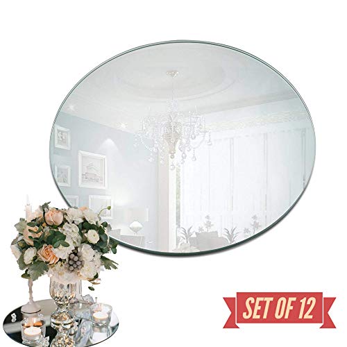Product Cover 12 Inch Round Mirror Candle Plate Set - Box of 12 Mirror Trays - Rounded Edge - Round Mirror Base for Table Centerpieces, Wall Décor, Crafts