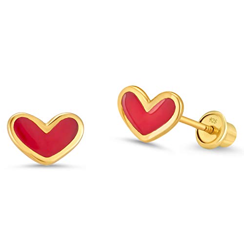 Product Cover 14k Gold Plated Enamel Red Heart Baby Girls Screwback Earrings with Sterling Silver Post