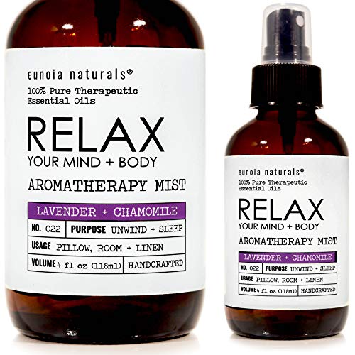 Product Cover Eunoia Naturals Relax- Lavender Pillow Spray, Lavender + Chamomile Sleep Mist, Lavender Calming Essential Oil, Free 30 Minute Sleep Audio, Lavender Spray for Sleep, Lavender Spray, 4oz Glass