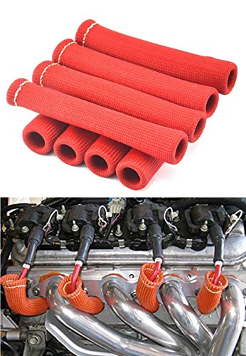 Product Cover Spark Plug Protect Boot 1800 Degree Heat Shield Thermal Protection Insulator Sleeve Spark Plug Wire Boots 6 inch for Car Truck (Pack of 8)(Titanium) (Red)