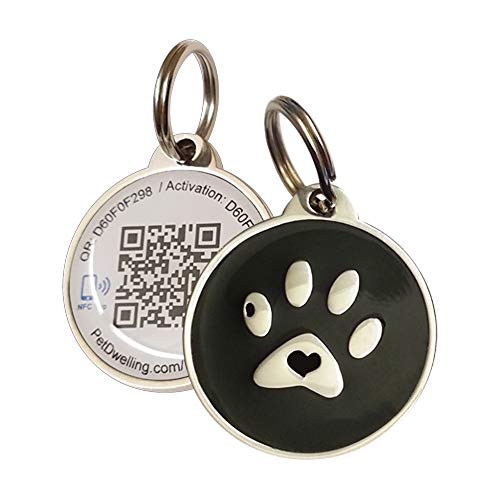 Product Cover PetDwelling Black Paw Smart Touch NFC/QR Code Pet ID Tag Links to Online Profile/Emergency Contact/Medical Info/Google Map Location Stamp
