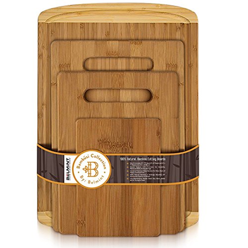 Product Cover Bambusi Natural Bamboo Cutting Board Set - 4 Piece Kitchen Chopping Boards with Juice Groove for Meat, Cheese and Vegetables - Wooden Carving Serving Tray