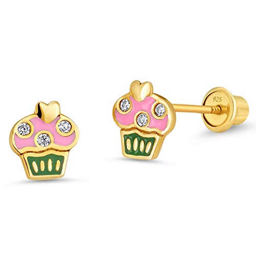 Product Cover 14k Gold Plated Enamel Cupcake Baby Girls Screwback Earrings with Sterling Silver Post