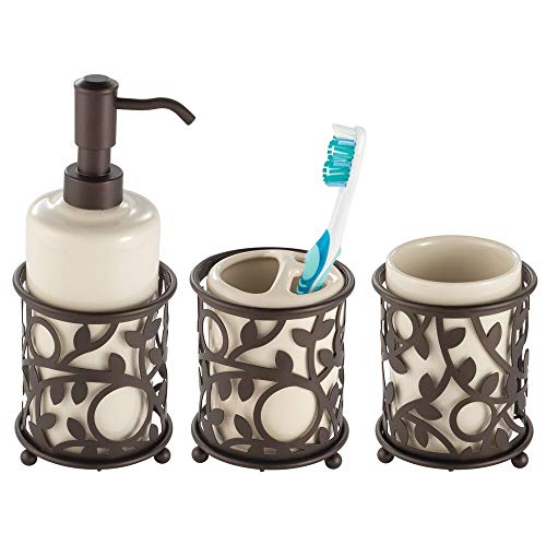 Product Cover mDesign Decorative Ceramic Bathroom Vanity Countertop Accessory Set - Includes Refillable Soap Dispenser, Divided Toothbrush Stand, Tumbler Rinsing Cup - Metal Vine Accents, 3 Pieces - Vanilla/Bronze