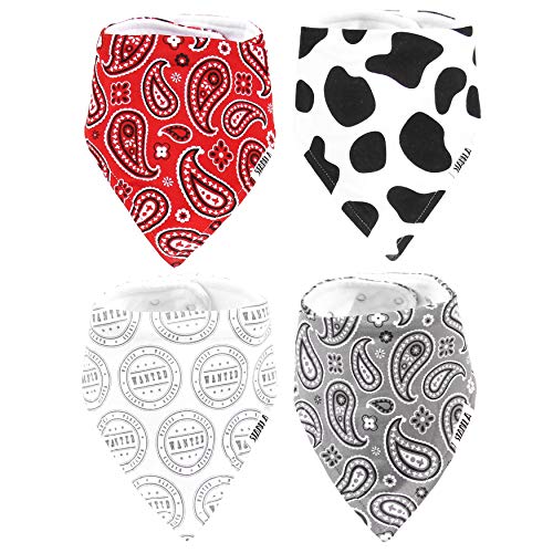 Product Cover Stadela Baby 100% Cotton Bandana Drool Bibs for Drooling and Teething Nursery Burp Cloths 4 Pack Unisex Baby Shower Gift Set for Girl and Boy - Western Baby Cowboy Cowgirl Cow Skin Paisley Wild West