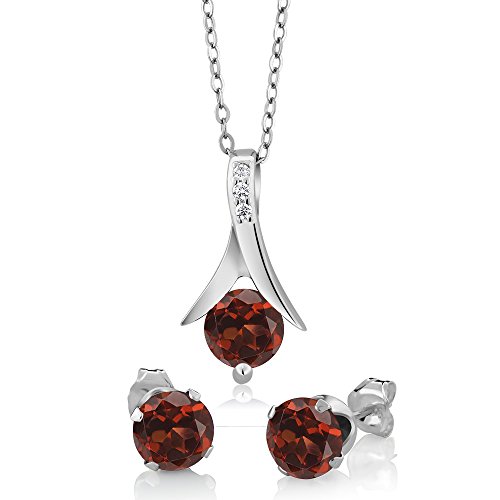 Product Cover Gem Stone King Sterling Silver Red Garnet Earring & Pendant Set (2.25 cttw, 6MM Each Garnet, With 18inches Silver Chain)
