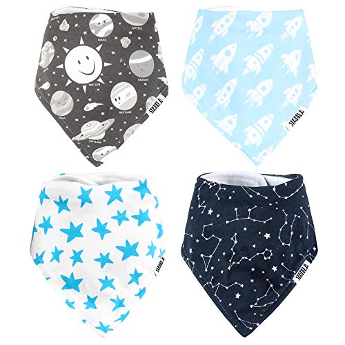 Product Cover Stadela Baby 100% Cotton Adjustable Bandana Drool Bibs for Drooling Teething Nursery Burp Cloths 4 Pack Baby Shower Gift Set for Boy Space Adventure Rocket Planet Solar System Star Astronaut Galaxy