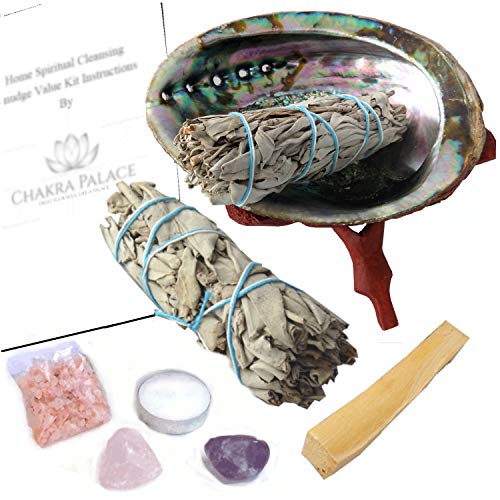 Product Cover Chakra Palace Large Smudge Kit Gift Set, Abalone, Wood Stand, Sage, Palo Santo, Crystals - 10 Items