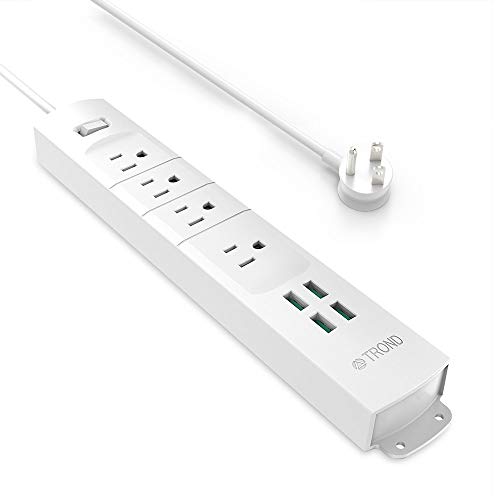 Product Cover TROND Prime II 4-Outlet Mountable Surge Protector Power Strip with USB Charger (4A/20W, White), Right-Angle Flat Plug & 6.6 Feet Long Cord, for Workbench, Nightstand, Dresser, Home, Office & Hotel