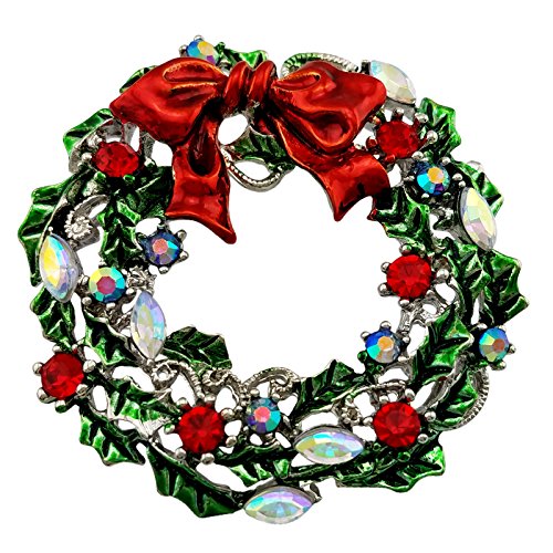 Product Cover SELOVO Silver Tone Wreath Green Red Austrian Crystal Round Brooch Pin