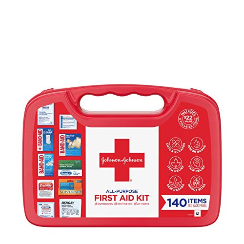 Product Cover Johnson & Johnson All-Purpose Portable Compact First Aid Kit for Minor Cuts, Scrapes, Sprains & Burns, Ideal for Home, Car, Travel and Outdoor Emergencies, 140 pieces