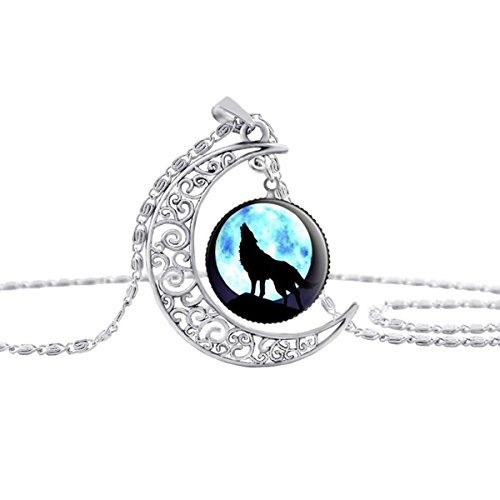 Product Cover Linsh Dome Moon Howling Wolf Time Gems Pendant Necklaces Hollow Out Carved Fashion Jewelry(Style 5)