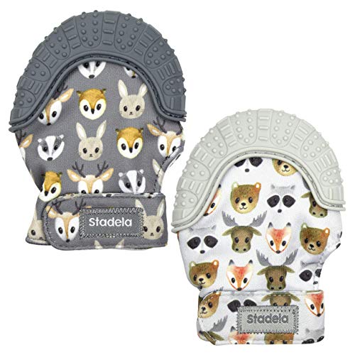 Product Cover Stadela Baby Soothing Teething Mittens, Food Grade Silicone Teether Toy with Travel Bag, Unisex for Boy or Girl, Baby Shower Gift, Set of 2, Forest Animals, Gray (Woodland Cubs)