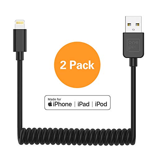 Product Cover ONE PIX Coiled Lightning Cable for iPhone (2 Pack), MFi Certified Coil Car Charger Cable Compatible with iPhone 11/XS/XS Max/XR/X/8/8 Plus/7/7 Plus/6s/6s Plus/6/6 Plus/SE/5s/5c/5/iPad/iPod - Black