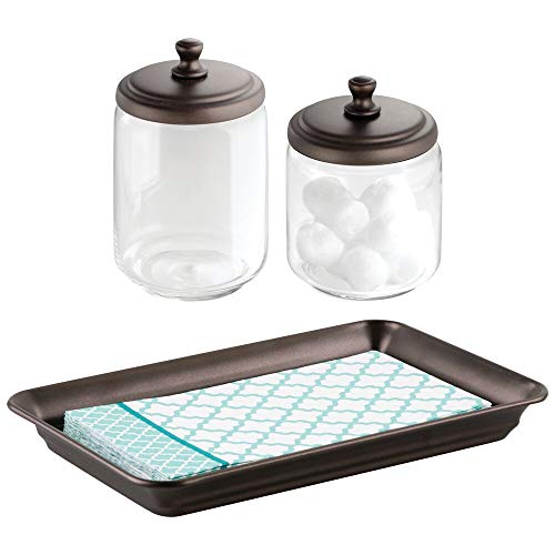 Product Cover mDesign Metal Vanity Tray for Towels or Cosmetics, Tall and Short Glass Apothecary Jars - Set of 3, Clear/Bronze