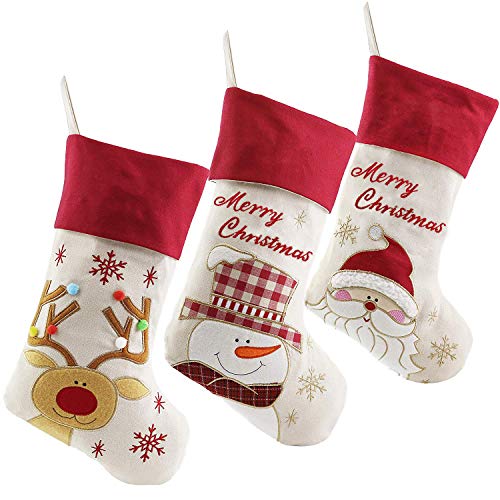 Product Cover WEWILL Lovely Christmas Stockings Set of 3 Santa, Snowman, Reindeer, Xmas Character 3D Plush Linen Hanging Tag Knit Border (1) (Style1)