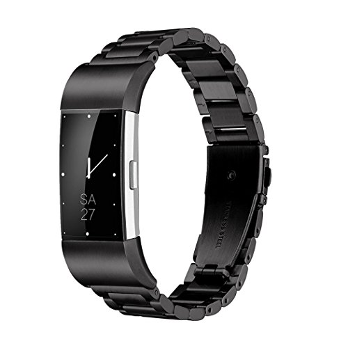 Product Cover Fitbit Charge 2 Wrist Band,Shangpule Stainless Steel Metal Replacement Smart Watch Band Bracelet with Double Button Folding Clasp for Fitbit Charge 2 (Black)