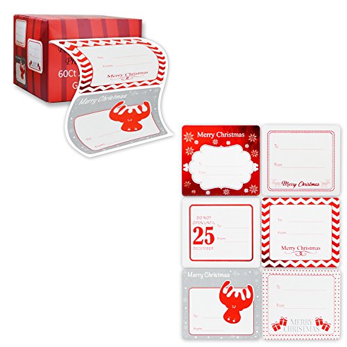 Product Cover Jumbo Christmas Gift Tag Stickers 60 Count Modern Red, White, Silver, and Gold Xmas Designs - Looks Great on Gifts Presents, Wrapping Paper and Gift Bags.