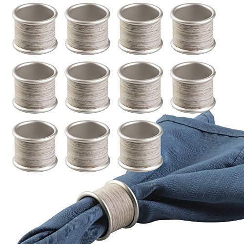 Product Cover mDesign Round Modern Rustic Metal Napkin Rings for Home, Kitchen, Dining Room, Dinner Parties, Luncheons, Picnics, Weddings, Buffet Table - 12 Pack - Satin/Gray Wood Finish