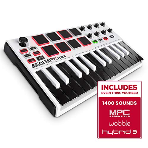Product Cover Akai Professional MPK Mini MKII LE White | White, Limited Edition 25 Key Portable USB MIDI Keyboard With 8 Backlit Performance Ready Pads, 8 Assignable Q Link Knobs & A 4 Way Thumbstick