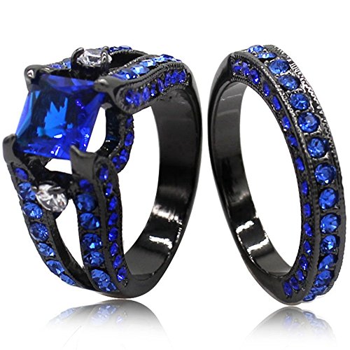 Product Cover Jude Jewelers Black Blue Princess Cut Cubic Zirconia Wedding Ring Set