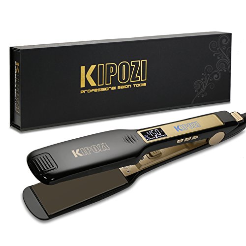 Product Cover KIPOZI Professional Titanium Flat Iron Hair Straightener with Digital LCD Display, Dual Voltage, Instant Heating, 1.75 Inch Wide Black.