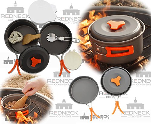 Product Cover Redneck Convent Outdoor Camping Cookware Set - Compact Camp Cooking Backpack Mess Kit - Campfire Pot, Pan, Utensils in Drawstring Bag
