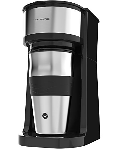 Product Cover Vremi Single Cup Coffee Maker - Includes 14 Ounce Travel Coffee Mug and Reusable Filter - Personal 1 Cup Drip Coffee Maker to Brew Ground Beans - Black and Silver Single Serve One Cup Coffee Dripper