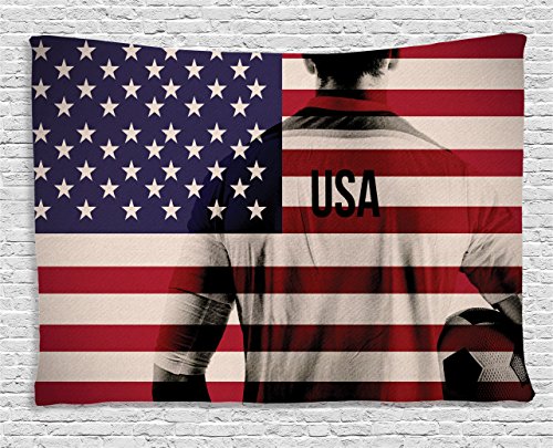 Product Cover Ambesonne Soccer Tapestry, Composite Double Exposure Image of a Soccer Player and American Flag USA Run, Wide Wall Hanging for Bedroom Living Room Dorm, 60