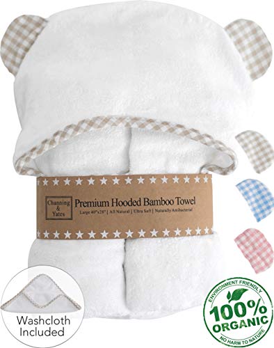 Product Cover Premium Baby Towel with Hood and Washcloth Gift Set - Organic Baby Towels and Washcloths - Bamboo Hooded Towels for Baby - Hypoallergenic Large Toddler Towels for Boys or Girls (Beige/White)