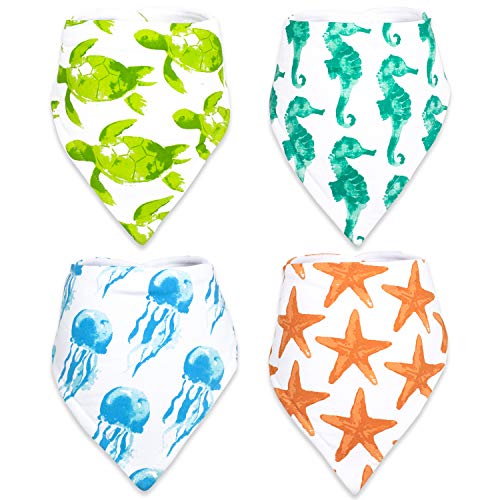 Product Cover Stadela Baby Adjustable Bandana Drool Bibs with Snaps for Drooling Teething Burp Cloths 4 Pack Baby Shower Gift Set Unisex Boy and Girl - Coral Reef Ocean Sea Beach Summer Tropical Turtle Seahorse